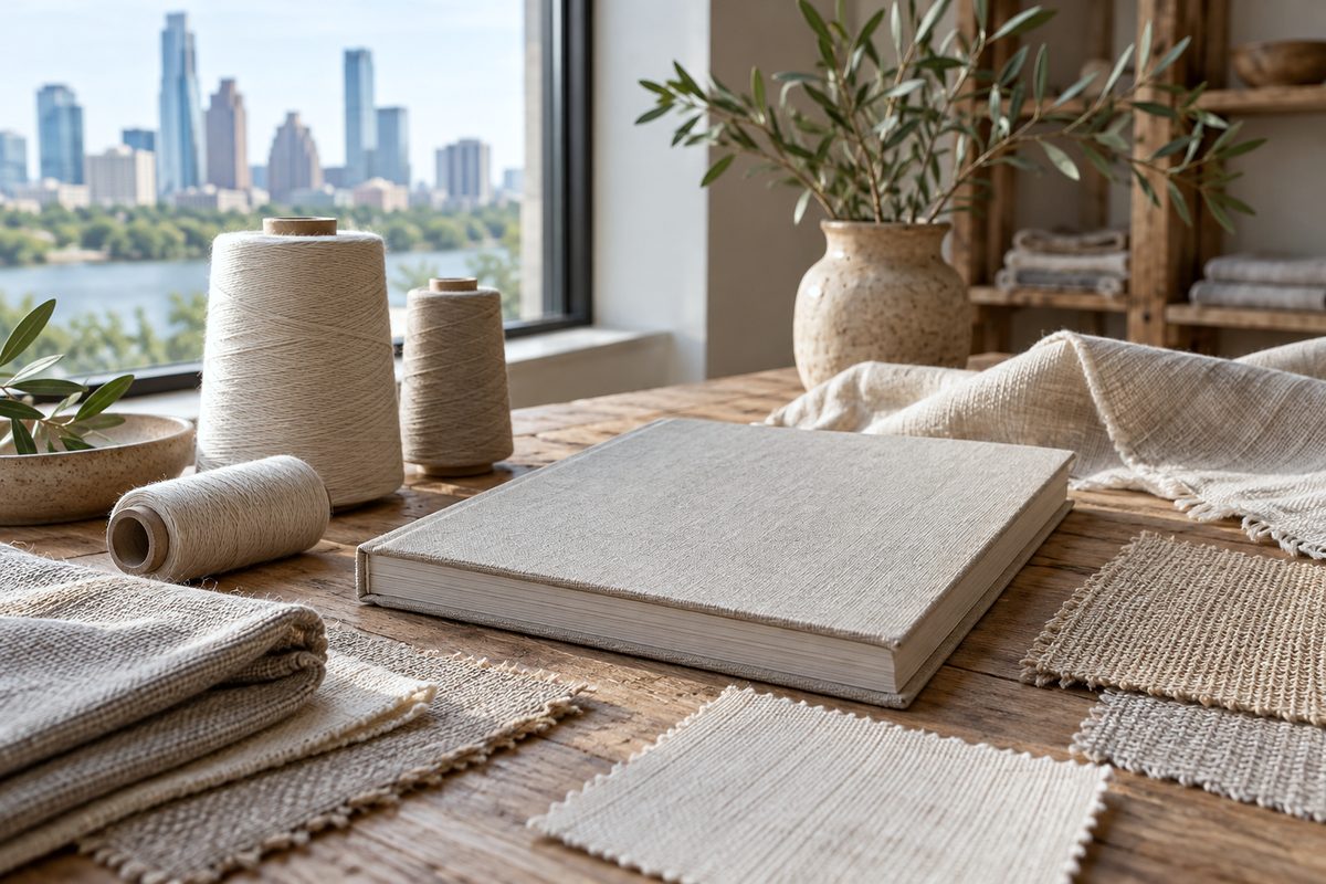 Undyed linen thread spools and textile sample book on cool studio bench